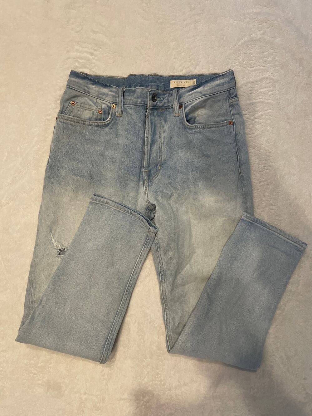 ALLSAINTS Dean Damaged Slim Jeans Men's 28 Light Wash Crop Distressed Blue